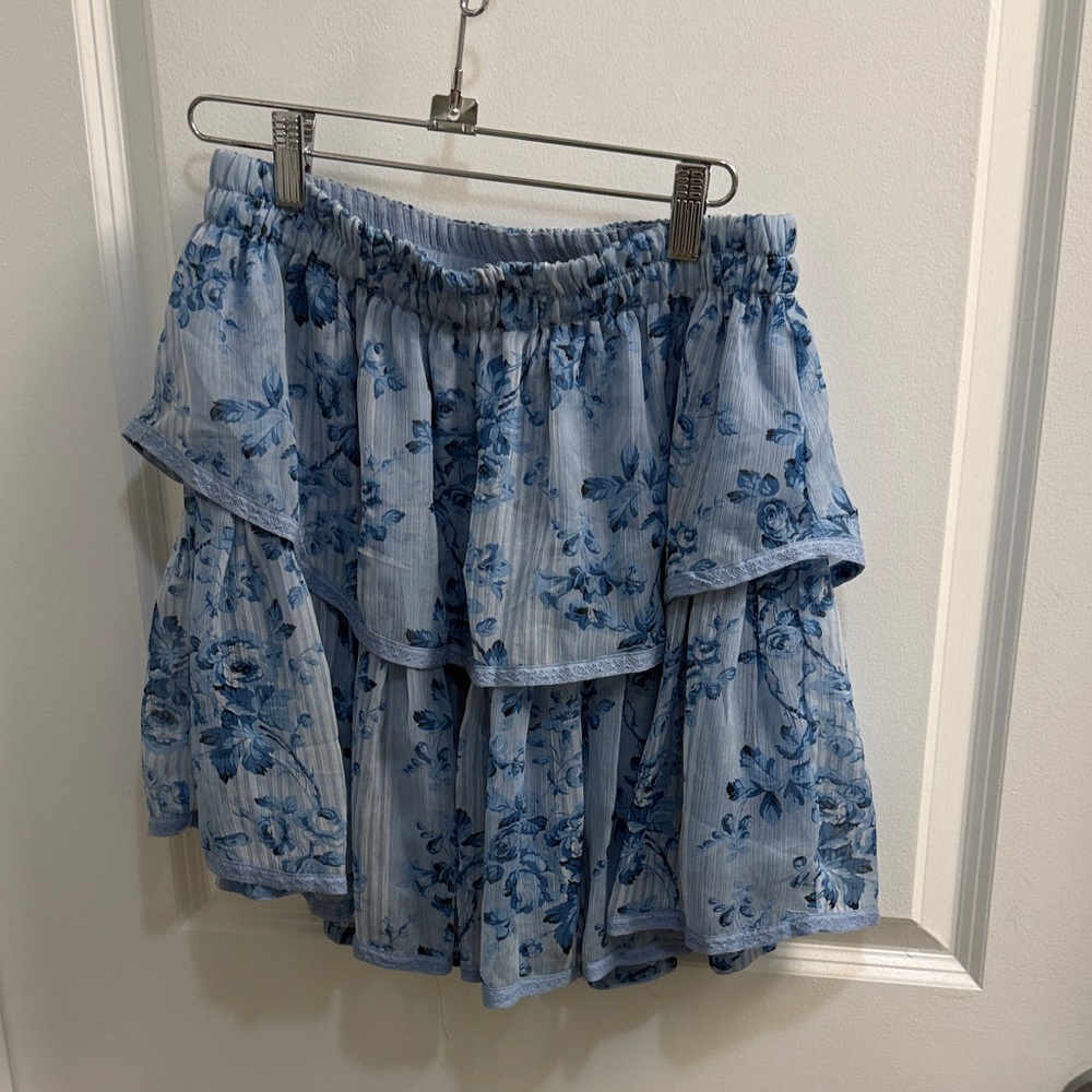 Light Blue Floral Tiered Mini Skirt